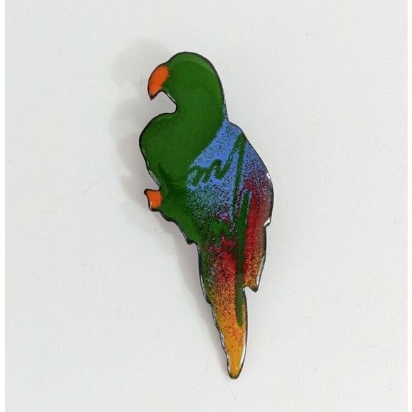 Artisan Enamel On Copper Parrot, Macaw Bird Shaped Brooch Pin - Picture 2 of 6